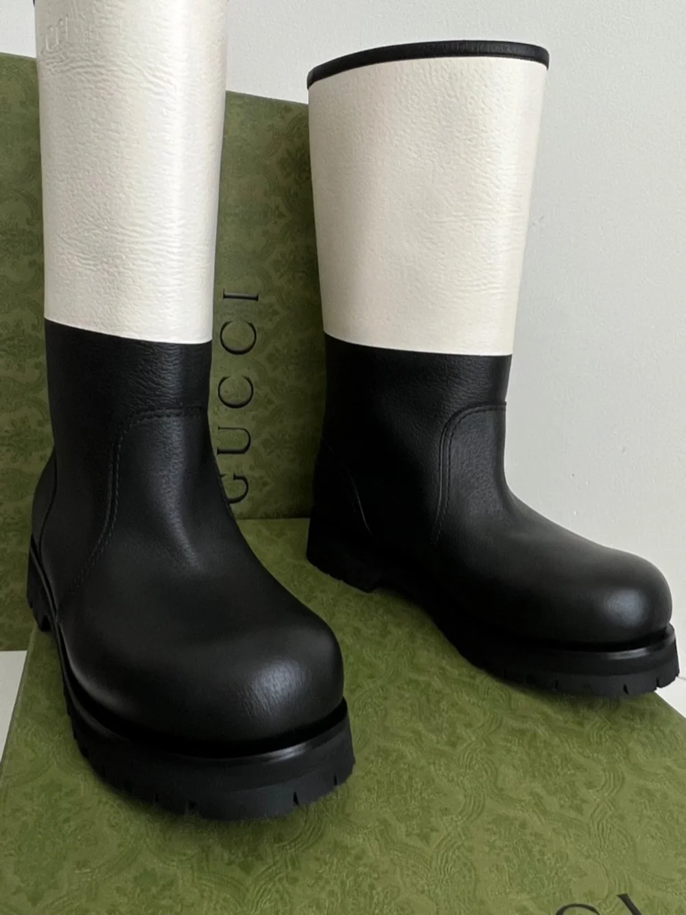 Gucci Men's Boots Rain Snow Biker Black White Leather High Size 9 US 9.5 EU43New